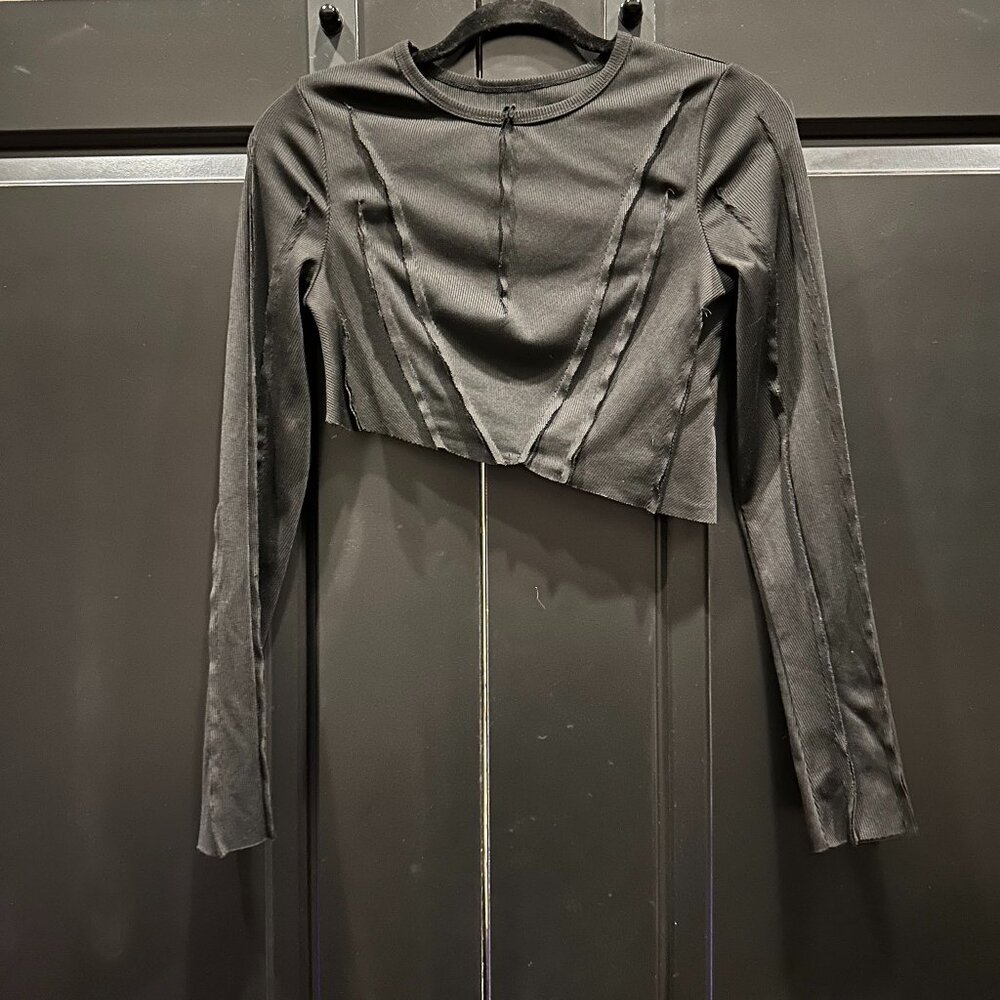 Asymmetrical Ribbed Black Long Sleeve Cropped Top with Thumb Holes